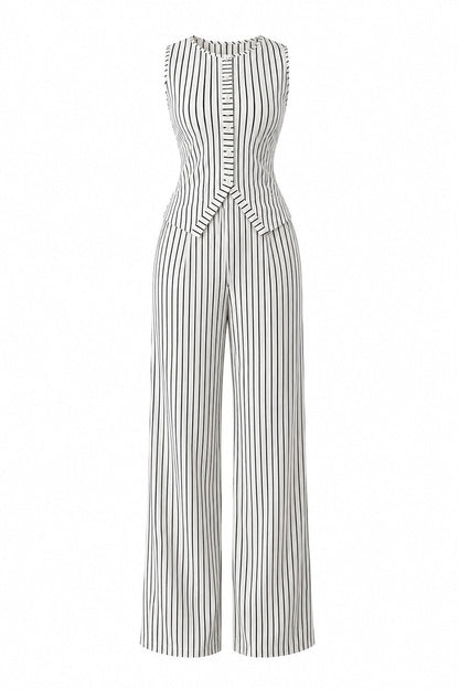 WezzaFamme Women Retro Striped Vest and Wide-Leg Pants Set