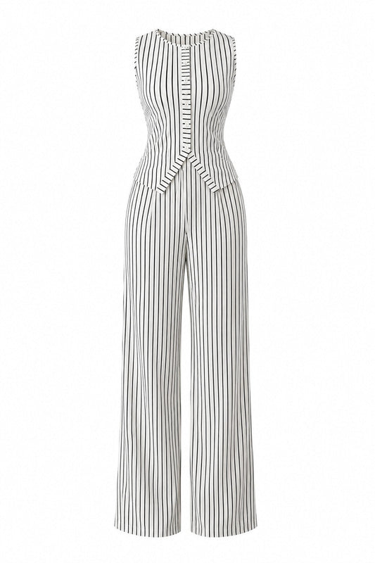 WezzaFamme Women Retro Striped Vest and Wide-Leg Pants Set