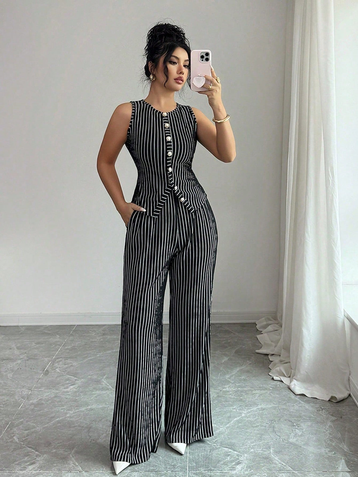 WezzaFamme Women Retro Striped Vest and Wide-Leg Pants Set
