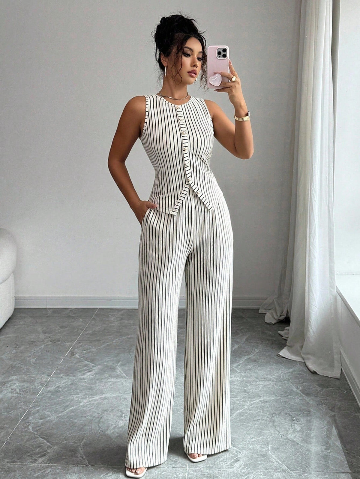 WezzaFamme Women Retro Striped Vest and Wide-Leg Pants Set
