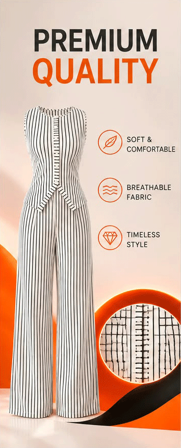 WezzaFamme Women Retro Striped Vest and Wide-Leg Pants Set - Mobile landing image 2